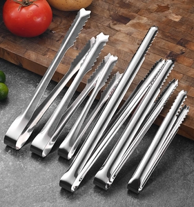 Macro detail of SUS 304 stainless steel food tongs showing material grade and size variety