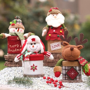 Christmas Candy Holiday Gift Holder With Plush Santa Snowman Reindeer Figures Knitted Fabric For Seasonal Party Decoration
