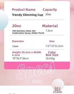 Spécifications du gobelet 20oz en acier inoxydable 304 avec dimensions et fini pailleté