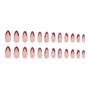 French press-on nails with red irregular edges and gold wave texture in almond shape