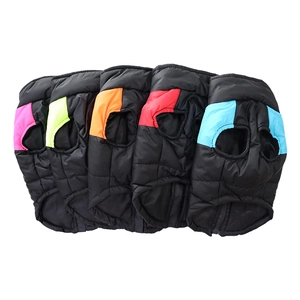 Waterproof quilted pet winter vests in five vibrant neon color blocks on white background