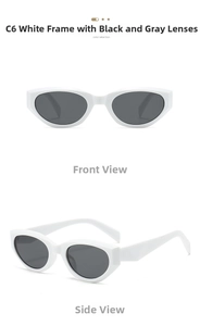 Detail view of white cat-eye square sunglasses with dark grey lenses in two angles