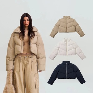 Women Cropped Puffer Jacket Duck Down Waterproof Windproof Warm Stand Collar Short Quilted Bread Outerwear Coat