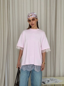 Pink oversized lace patchwork cotton T-shirt for women in a stylish full-body pose