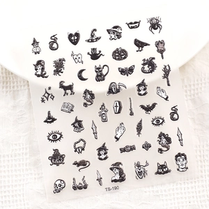 5D Halloween Nagelsticker mit Gothic-Motiven wie Hexen und schwarzen Katzen auf Netzstoff