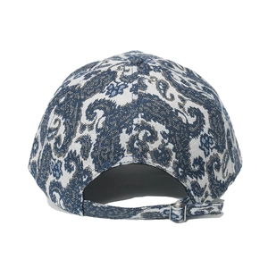Rear view of vintage paisley baseball cap in blue and white jacquard with adjustable strap