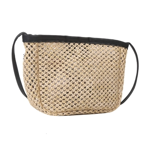Borsa a secchiello minimalista in paglia intrecciata con finiture in pelle nera