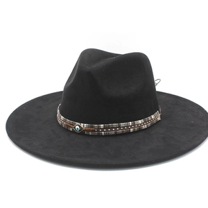 Classic black wide-brim felt fedora hat featuring a woven band with evil eye charm