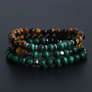 Natural Tiger Eye Malachite Beaded Bracelet Elastic Stainless Steel Spacers Geometric Trendy Jewelry Gift For Men Women