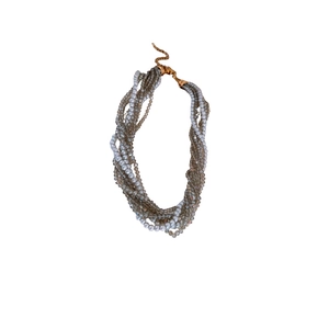 Multi-layer beaded necklace featuring grey faceted glass beads and faux pearls with gold clasp