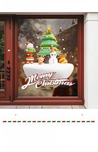 Christmas window decals with 3D Santa Claus and reindeer on a classic glass shop door