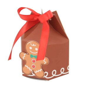 Brown gingerbread man Christmas candy box with a festive red ribbon and yurt shape