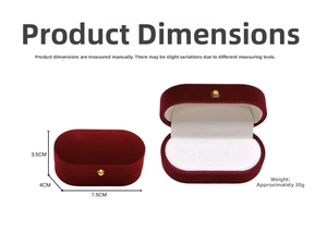 Closed and open burgundy velvet ring box with gold clasp and dimensions in CM