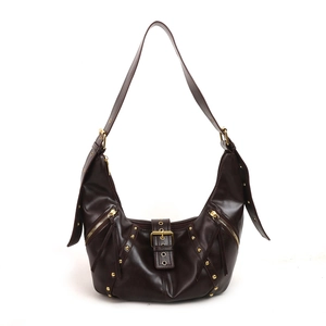 Vintage chocolate hobo bag with gold buckle, rivets and adjustable shoulder strap