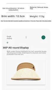 Detail of adjustable straw sun visor with 12.5cm brim and dimensions specification