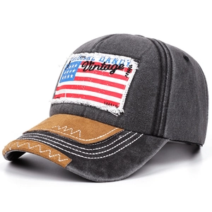 Vintage US flag patch baseball cap in washed grey cotton and brown suede brim