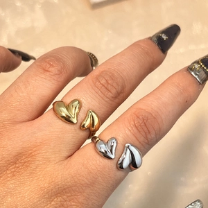 Fashion Titanium Steel Double Heart Open Ring For Women Adjustable Gold Silver Plated Valentine Day Jewelry Gift