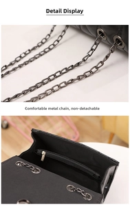 Detail of black quilted shoulder bag with gunmetal chain strap and interior zipper