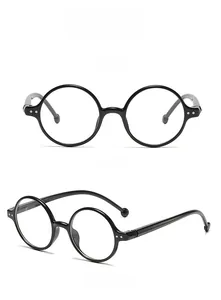 Detail of retro round black frame glasses with premium metal hinges and temples