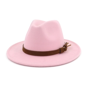 Classic pink felt fedora hat with a vintage brown tassel band on a white background