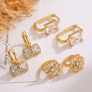 Copper Zircon Bow Snowflake Geometric Huggie Earrings Gold Plated Exquisite Luxury Jewelry For Women