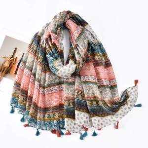 Bohemian Ethnic Print Scarf For Women Bali Yarn Long Shawl Floral Striped Sun Protection Beach Sarong With Tassels