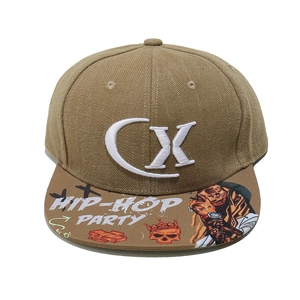Flat brim hip-hop baseball cap with CX embroidery and graffiti art in khaki brown