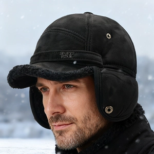Men's winter aviator hat with warm fleece lining and ear flaps in black faux suede