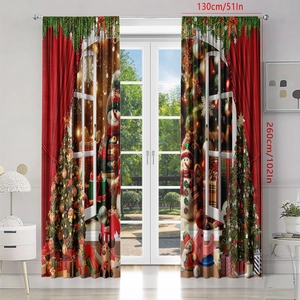 Christmas theme blackout curtains set with festive digital prints of trees and snowmen