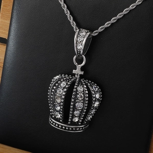 Silver crown pendant necklace with inset rhinestones on twisted rope chain for men