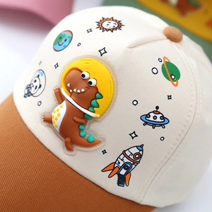 Kids baseball cap featuring beige front panel, brown brim, and 3D space dinosaur design