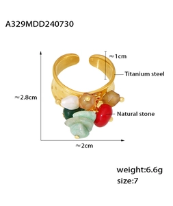 Detail of 18k gold plated titanium ring with natural stones and size specifications