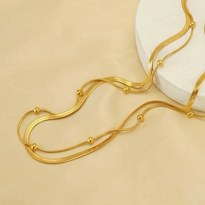 Double-layered 18K gold plated stainless steel snake chain and beaded necklace set