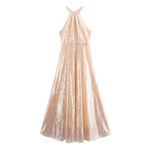 Sequin Maxi Dress Halter Neck Sleeveless Champagne Elegant Evening Gown For Women High Waist Shiny Formal Party