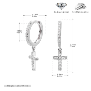 Detailed view of S925 silver cross earrings with zircon stones and size specifications