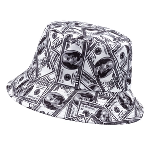 Stylish bucket hat with black and white US dollar banknote print for outdoor street fashion