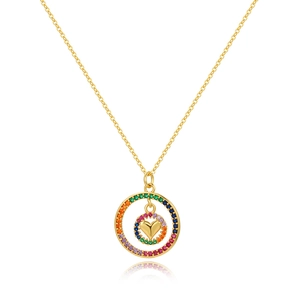 Rainbow Cubic Zirconia Heart Pendant Necklace 18K Gold Plated Copper Double Circle Clavicle Chain For Women