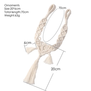 Detail of hand-woven cotton macrame curtain tieback with dimensions and wheat weave design