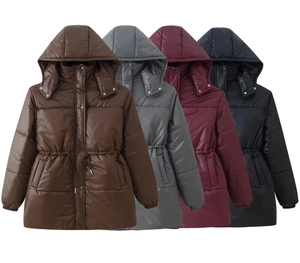 Women's padded cotton coat in brown, gray, wine red and navy with drawstring waist
