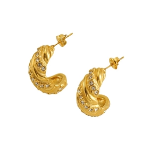 Boucles d'oreilles créoles en acier plaqué or 18k avec zircon et texture spirale