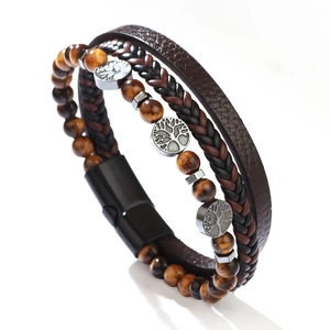 Tiger eye stone bracelet with multi-layer braided leather and tree of life metal charms