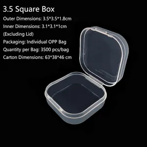 Detailed view of clear square plastic storage box measuring 3.5x3.5x1.8cm for small parts