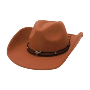 Brown western cowboy felt hat with a bull head metal emblem and studded leather band