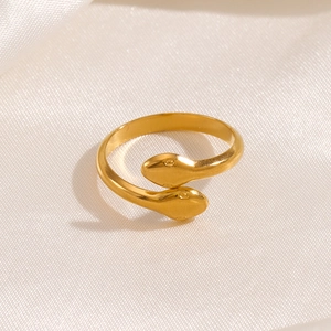 18K gold plated stainless steel double headed snake open ring on white silk background