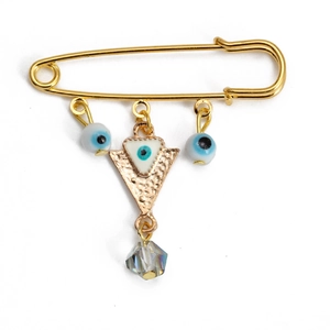 Minimalist evil eye brooch with gold metal pin and teardrop crystal pendant for women and men
