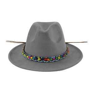 Ethnic style dark grey wool fedora with colorful beaded band and braided rope trim