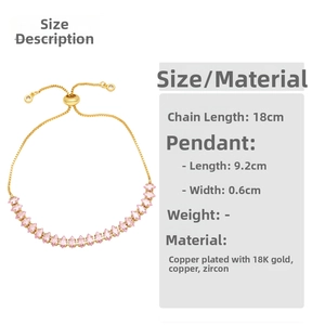 Detailed dimensions of 18K gold plated bracelet with pink marquise cut cubic zirconia