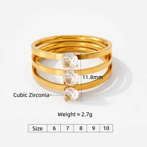 Three-piece gold-plated stainless steel ring set with round cubic zirconia stones