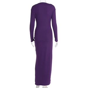 Detail of the high-stretch fabric and slim fit long sleeve purple maxi dress back view