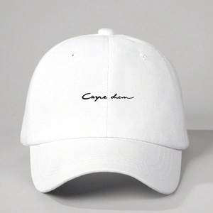 Minimalist white cotton baseball cap with Carpe Diem script print and adjustable fit